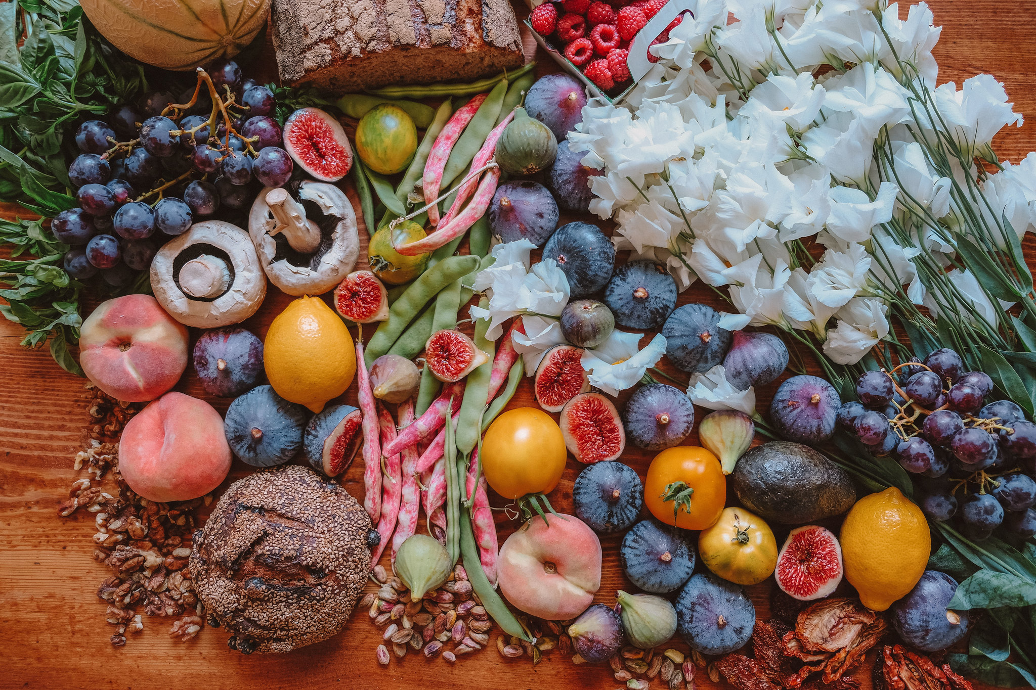 Fruits and vegetables scattered on a table